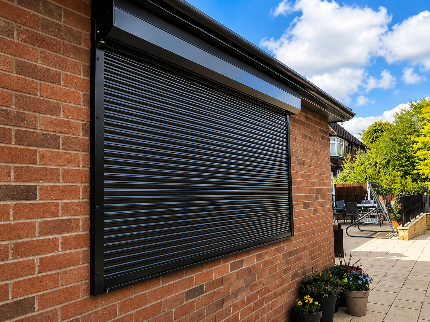 Residential rolling shutter motorised drive and control installation — operational view